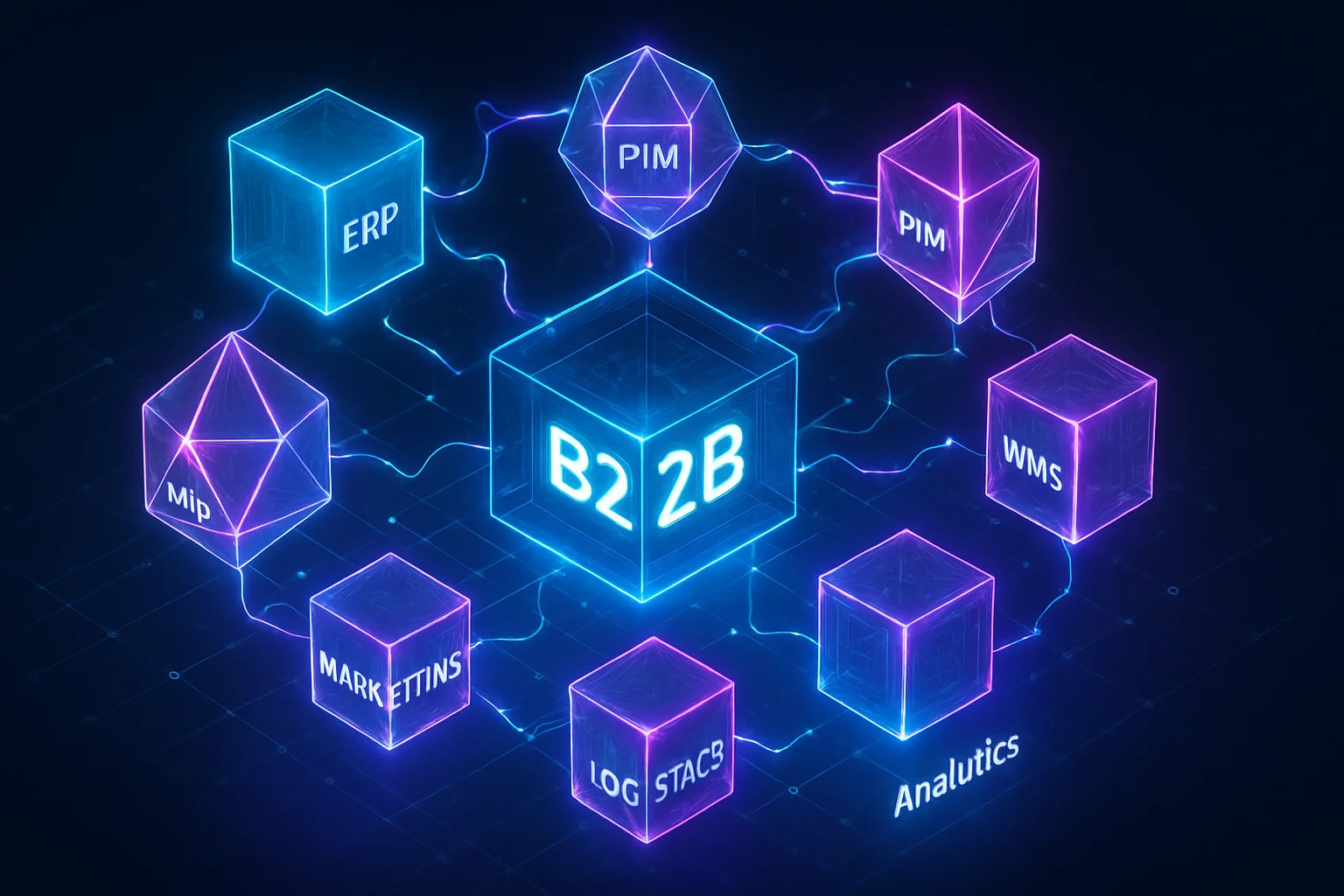 Neon holographic isometric digital B2B ecosystem with interconnected glowing modules