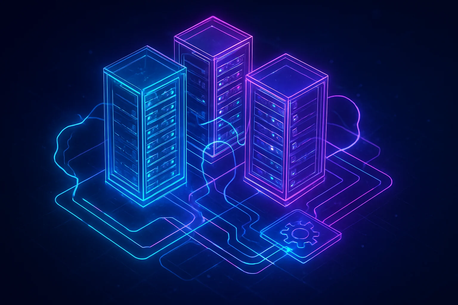 Neon holographic isometric server racks symbolizujące infrastrukturę IT i automatyzację