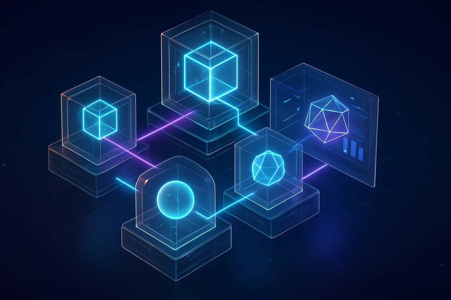 Neon holographic isometric visualization of scalable automated business processes and AI integration