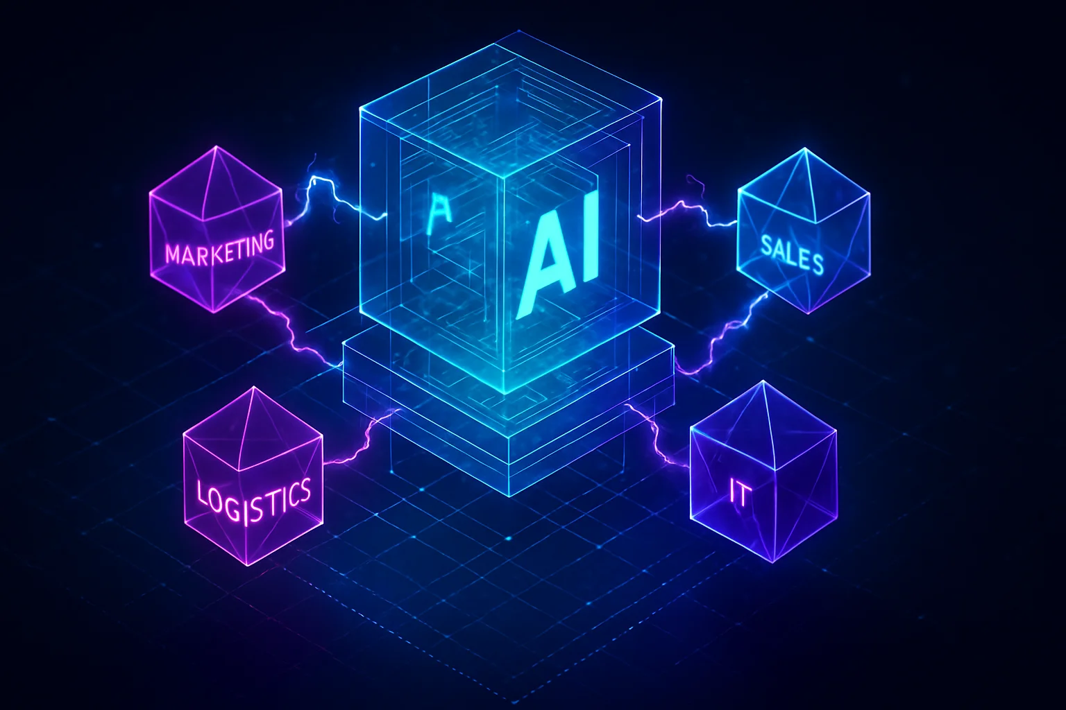Neon holographic isometric visualization of interconnected AI business processes in SME