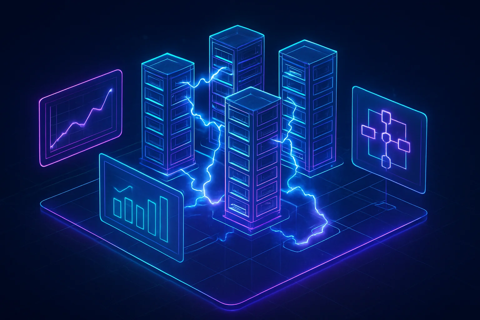 Isometric neon holographic factory data flow and automation architecture