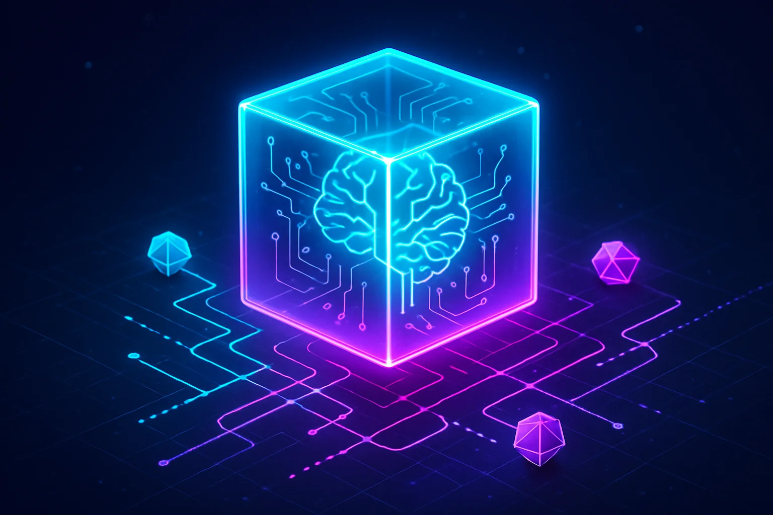 Translucent glowing cube with AI brain and neon circuits in isometric style