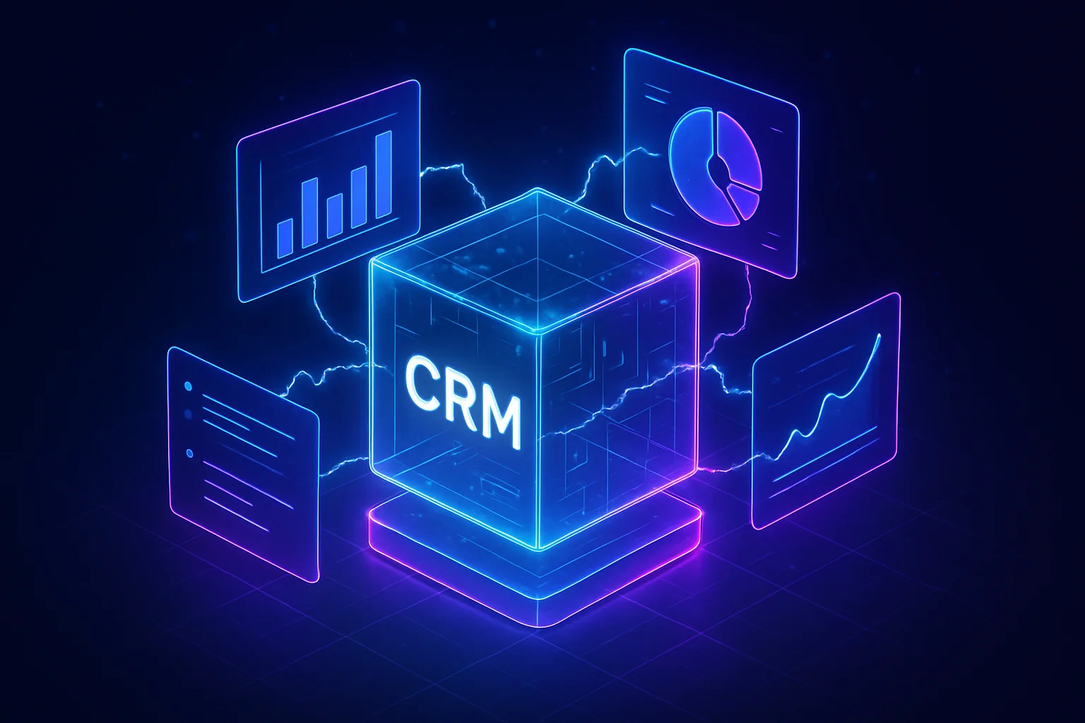 Isometric neon holographic glass cube with connected data panels symbolizing CRM automation