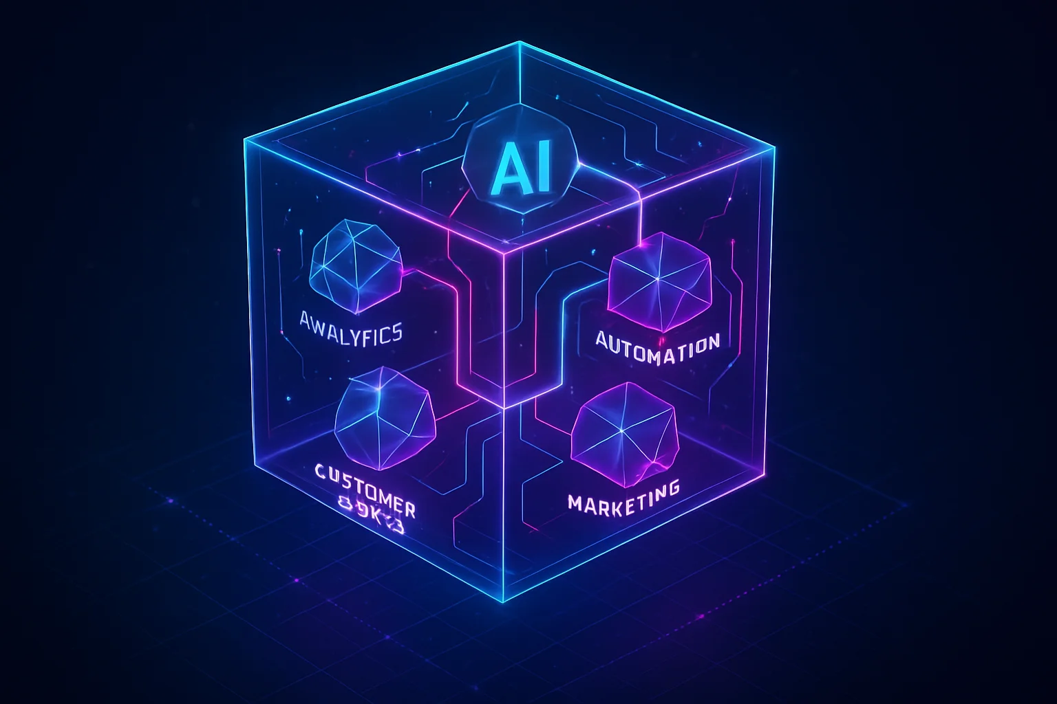 Neon holographic isometric translucent glass cube symbolizing AI business ecosystem