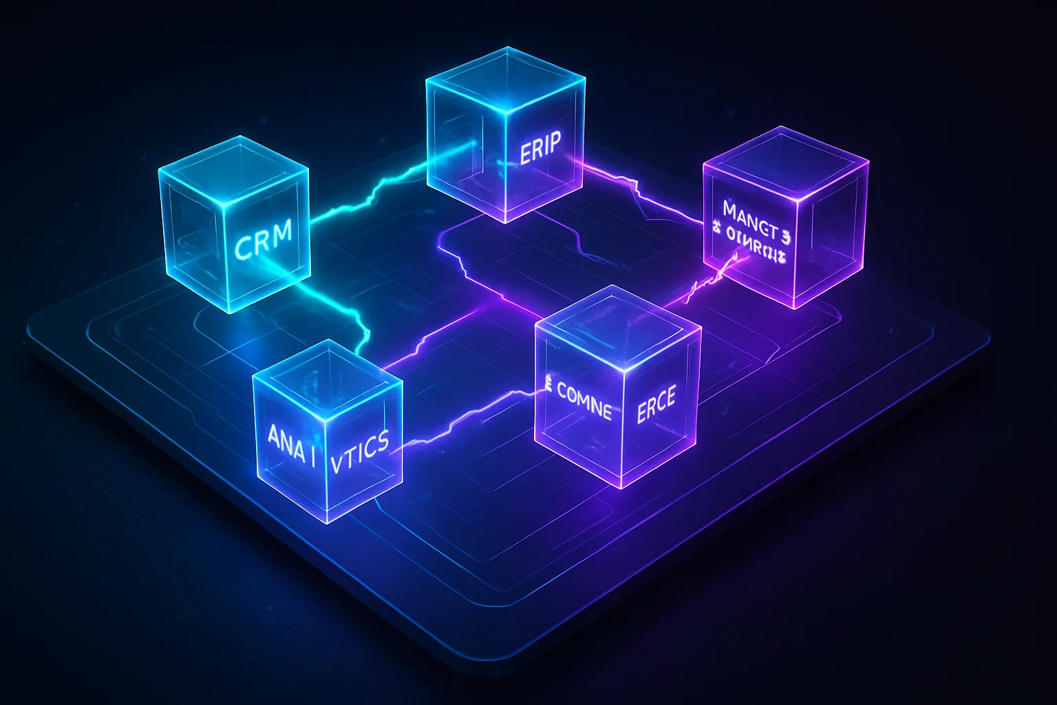 Holograficzny dashboard łączący systemy CRM, ERP i marketingu w stylu neon holograficznym